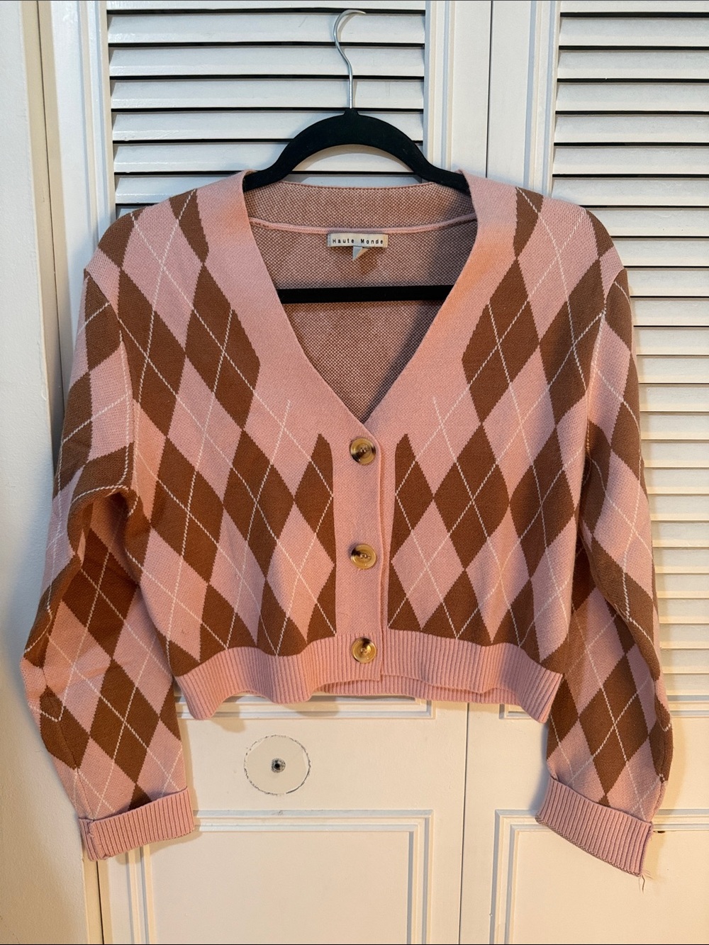 Haute Monde Pink and Brown Cropped V-Neck Cardigan (Never Been Worn)